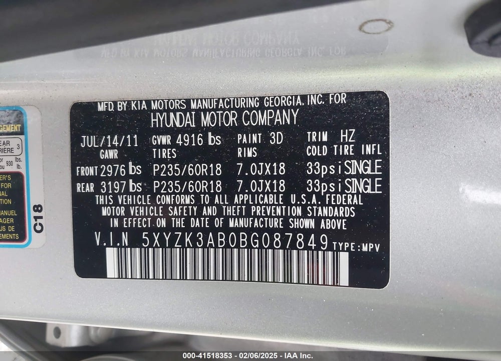 2011 HYUNDAI SANTA FE LIMITED VIN: 5XYZK3AB0BG087849