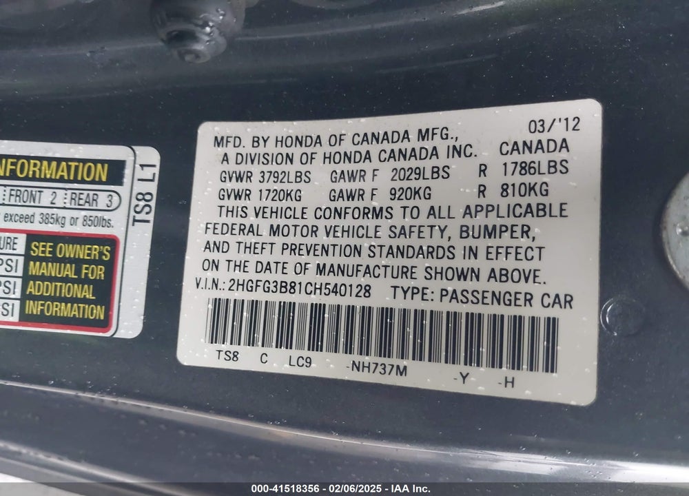 2012 HONDA CIVIC VIN: 2HGFG3B81CH540128