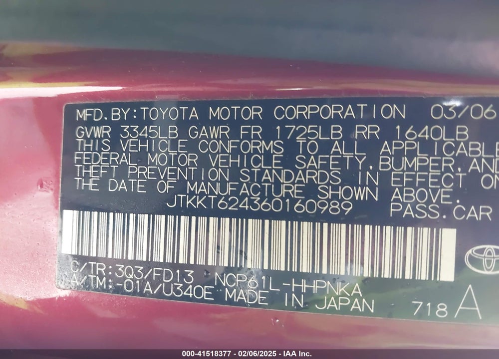 2006 SCION XA VIN: JTKKT624360160989