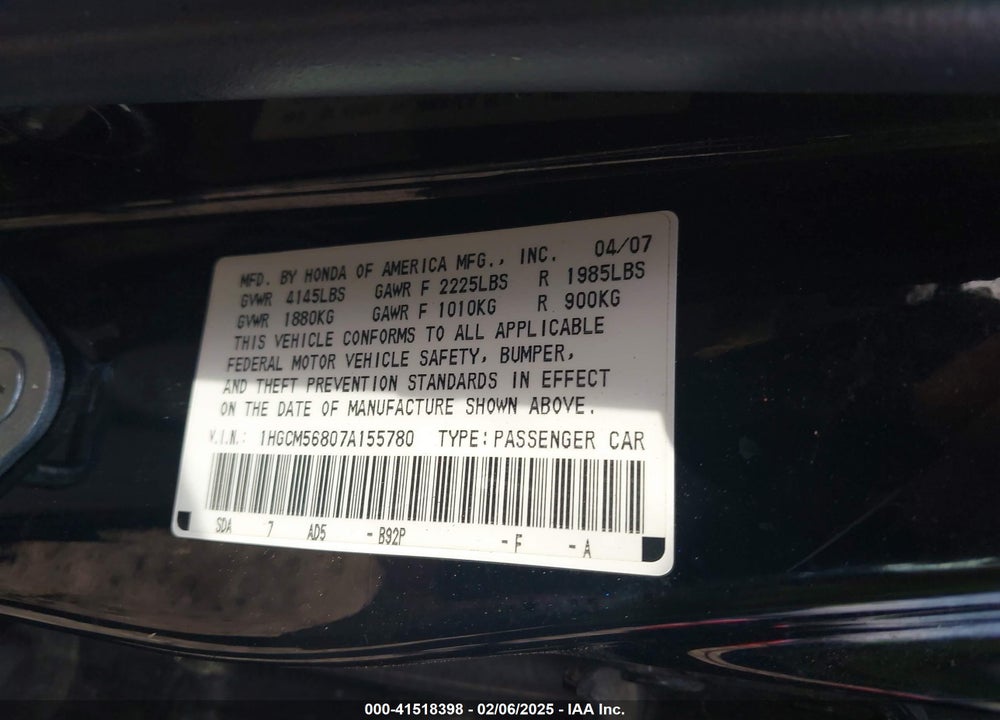 2007 HONDA ACCORD 2.4 EX VIN: 1HGCM56807A155780
