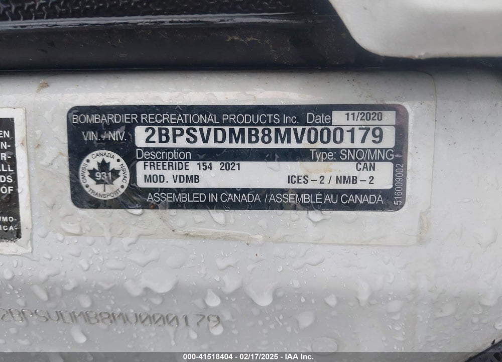 2021 SKI DOO FREERIDE 154 850 VIN: 2BPSVDMB8MV000179