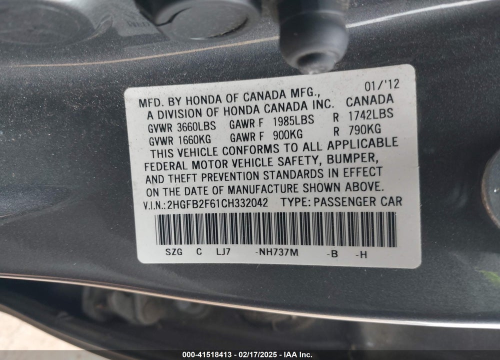 2012 HONDA CIVIC HF VIN: 2HGFB2F61CH332042