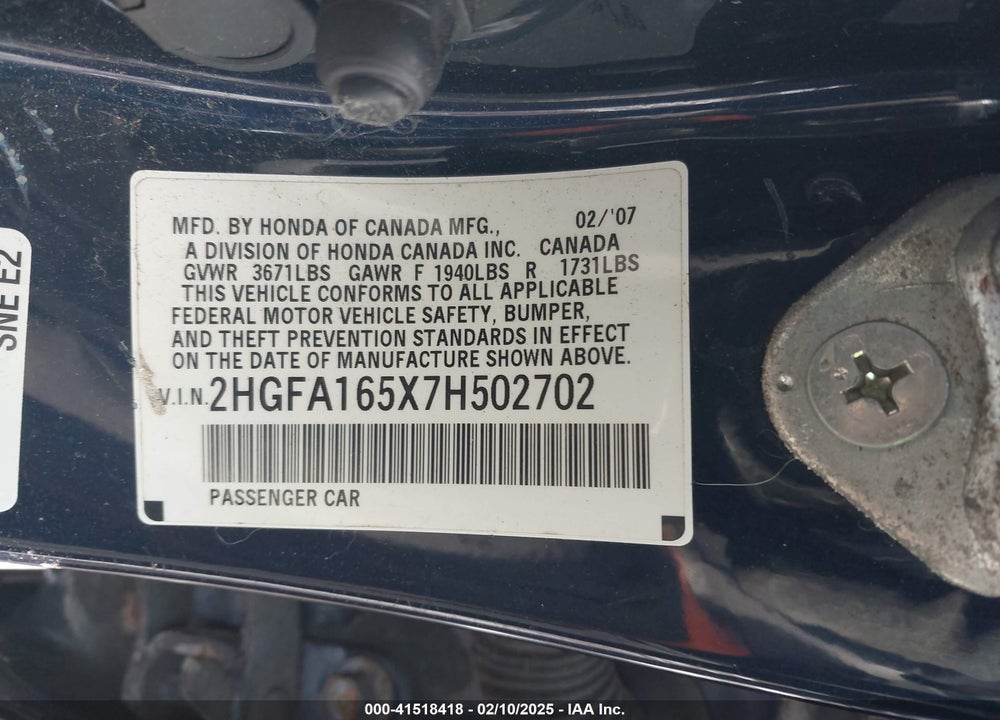 2007 HONDA CIVIC VIN: 2HGFA165X7H502702