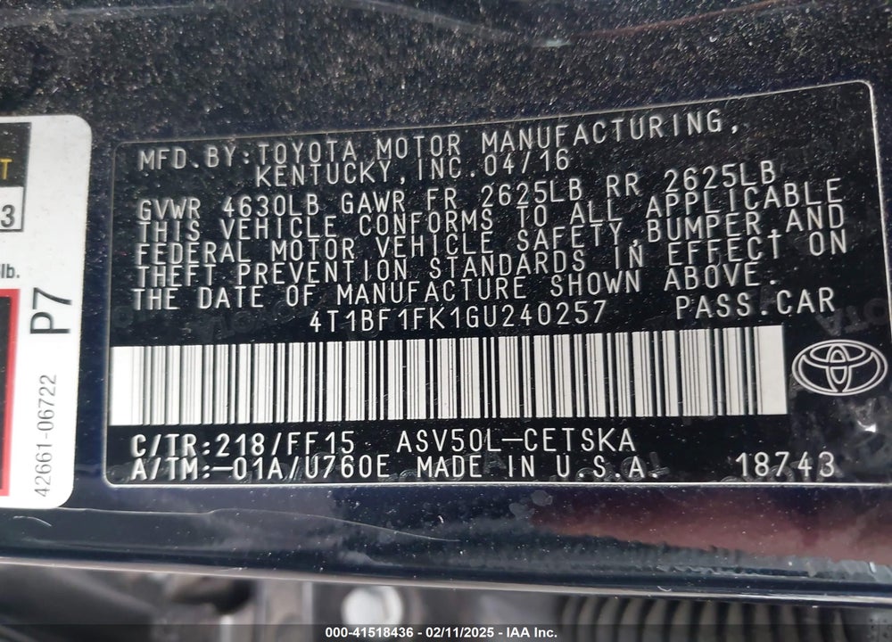 2016 TOYOTA CAMRY VIN: 4T1BF1FK1GU240257