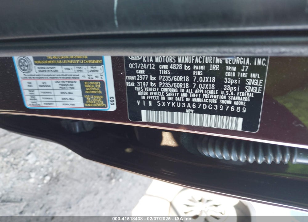 2013 KIA SORENTO EX VIN: 5XYKU3A67DG397689