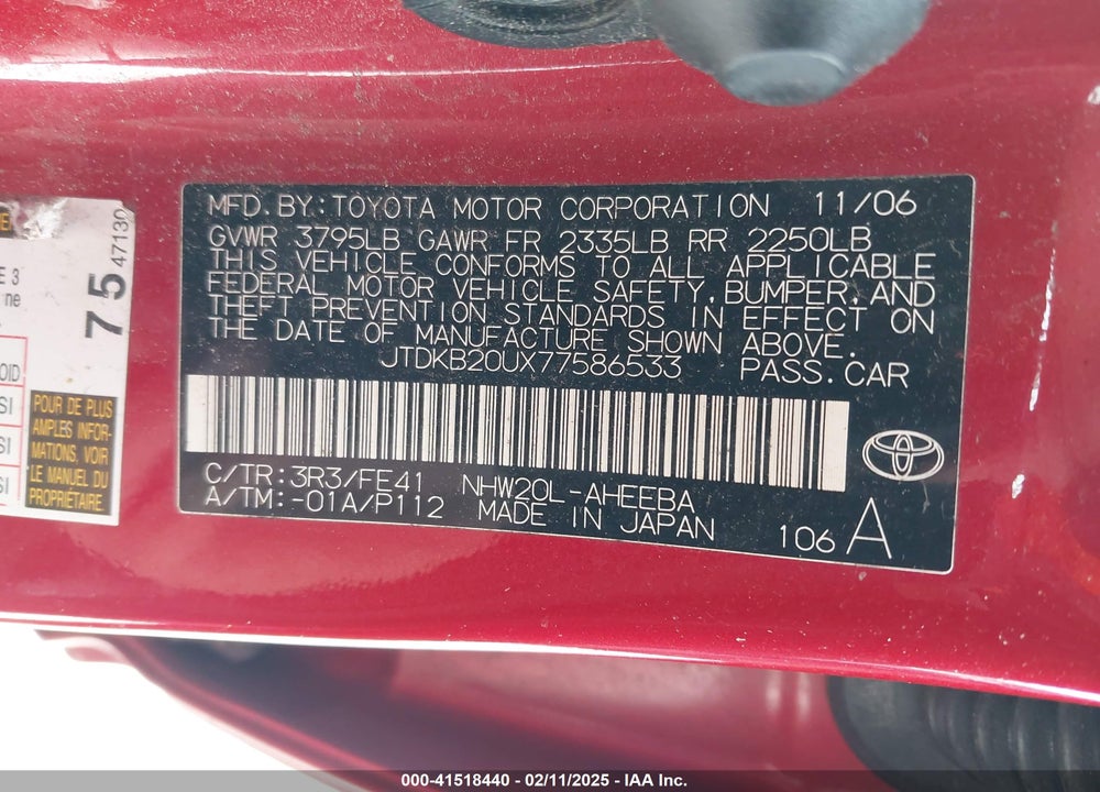 2007 TOYOTA PRIUS VIN: JTDKB20UX77586533