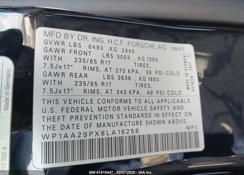 2008 PORSCHE CAYENNE VIN: WP1AA29PX8LA16258