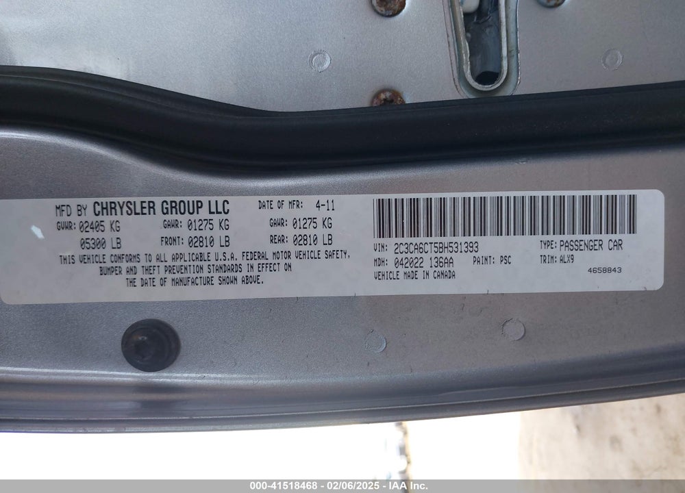2011 CHRYSLER 300C VIN: 2C3CA6CT5BH531393