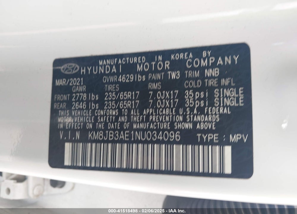 2022 HYUNDAI TUCSON SEL VIN: KM8JB3AE1NU034096