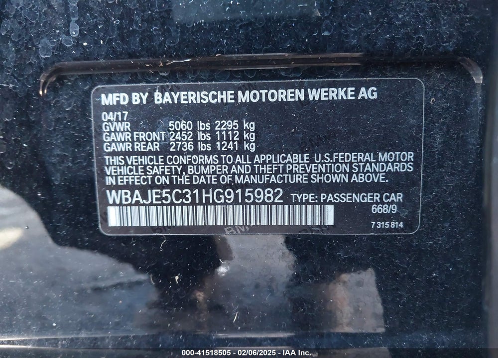 2017 BMW 540I VIN: WBAJE5C31HG915982