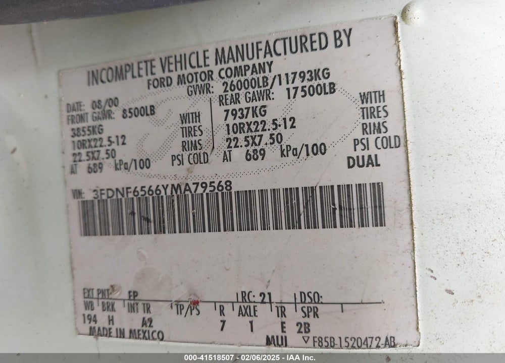 2000 FORD F-650 XL/XLT VIN: 3FDNF6566YMA79568