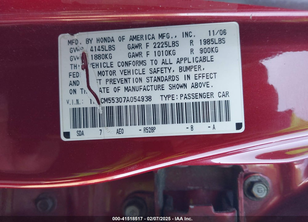 2007 HONDA ACCORD VIN: 1HGCM55307A054938