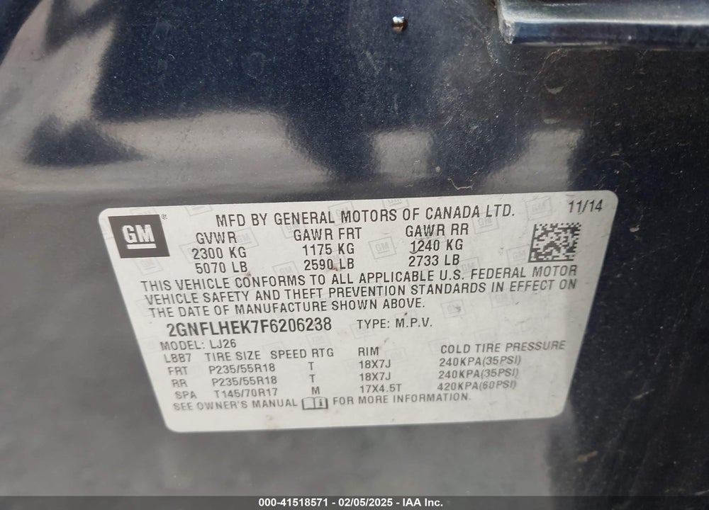 2015 CHEVROLET EQUINOX LTZ VIN: 2GNFLHEK7F6206238