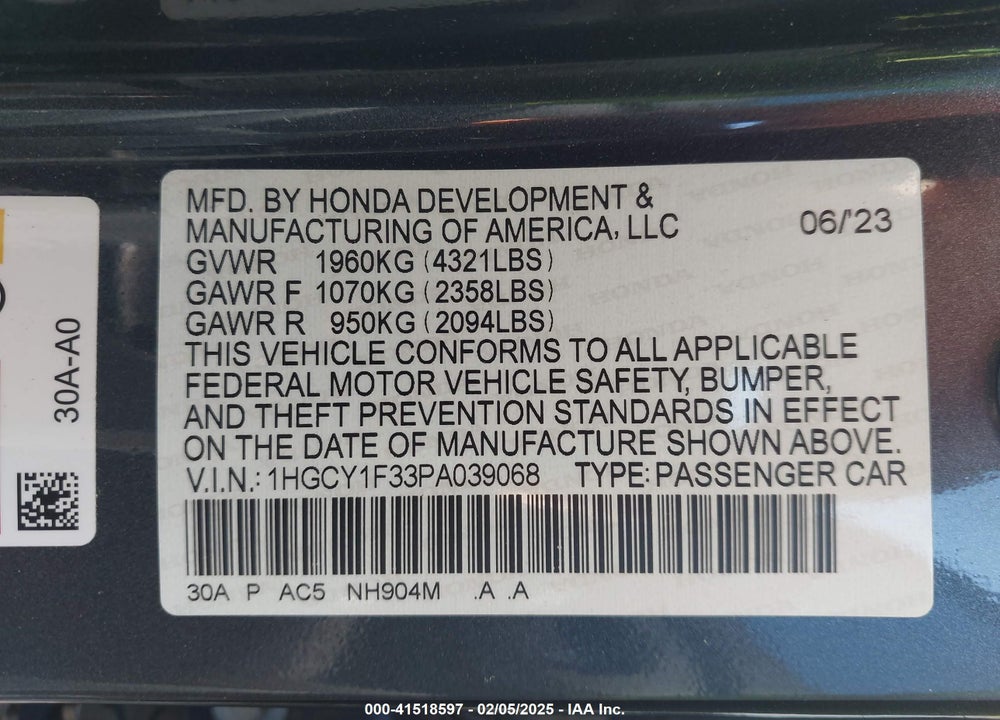 2023 HONDA ACCORD VIN: 1HGCY1F33PA039068
