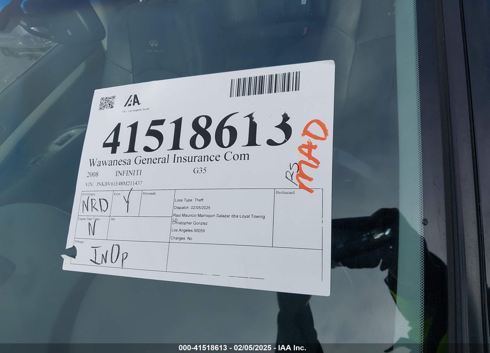 2008 INFINITI G35 VIN: JNKBV61E48M211437