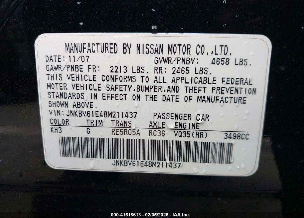 2008 INFINITI G35 VIN: JNKBV61E48M211437