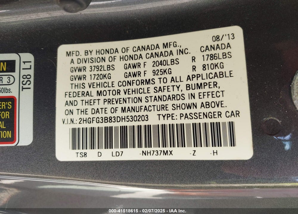 2013 HONDA CIVIC VIN: 2HGFG3B83DH530203