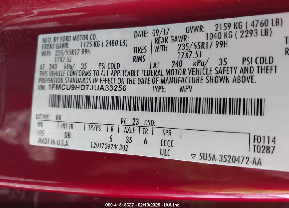 2018 FORD ESCAPE SEL VIN: 1FMCU9HD7JUA33256