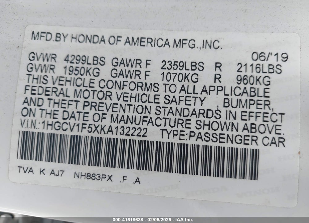 2019 HONDA ACCORD VIN: 1HGCV1F5XKA132222