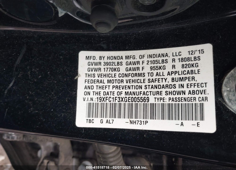 2016 HONDA CIVIC VIN: 19XFC1F3XGE005569