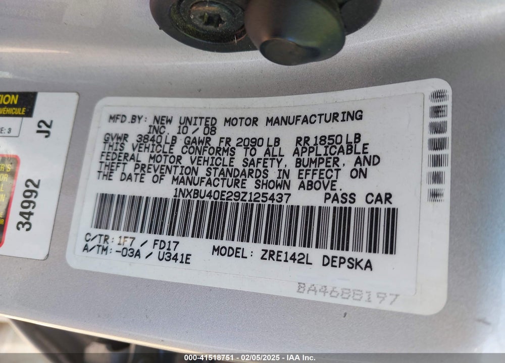 2009 TOYOTA COROLLA VIN: 1NXBU40E29Z125437