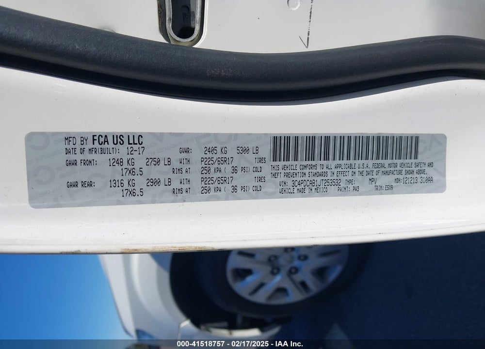 2018 DODGE JOURNEY VIN: 3C4PDCAB1JT253532