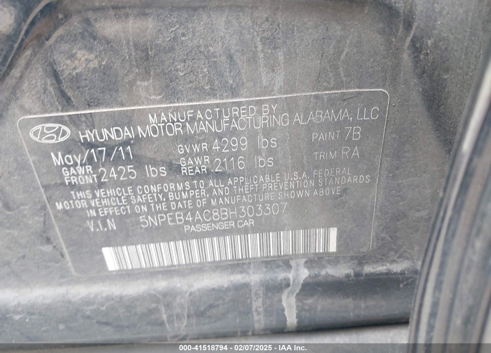 2011 HYUNDAI SONATA GLS VIN: 5NPEB4AC8BH303307