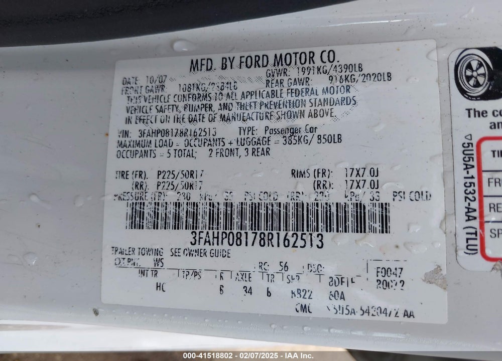 2008 FORD FUSION VIN: 3FAHP08178R162513