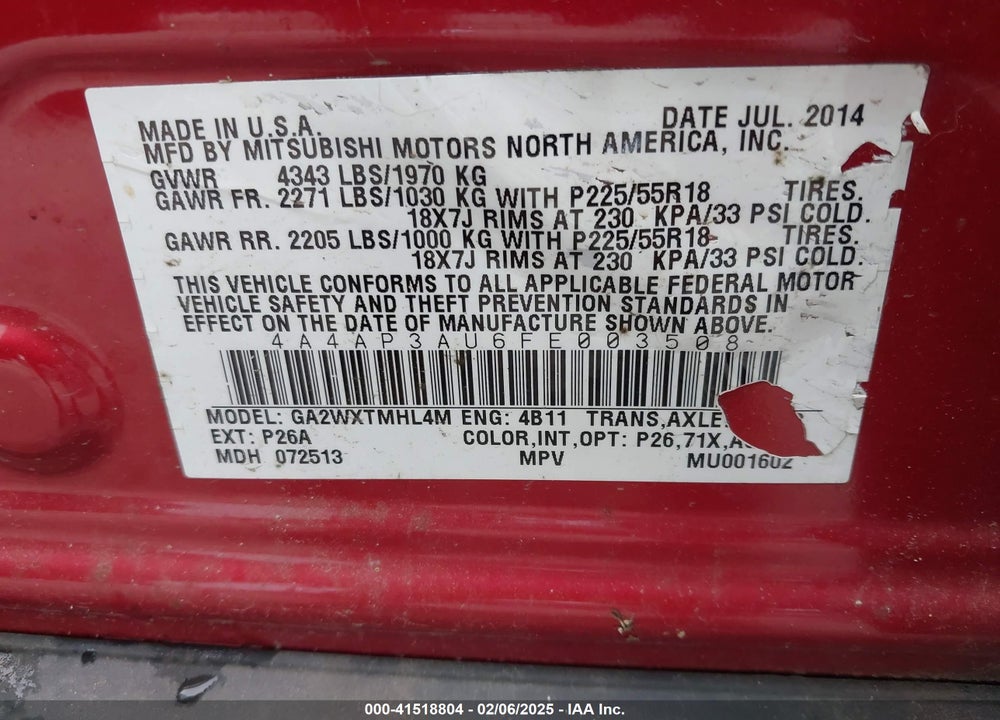 2015 MITSUBISHI OUTLANDER SPORT ES VIN: 4A4AP3AU6FE003508