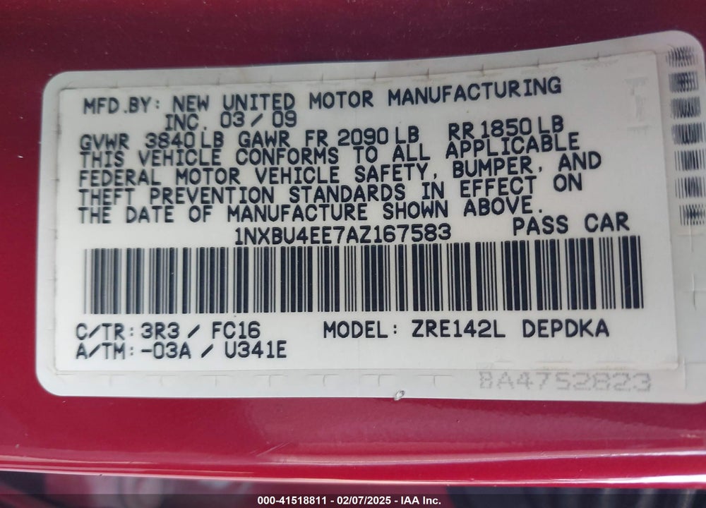 2010 TOYOTA COROLLA LE VIN: 1NXBU4EE7AZ167583