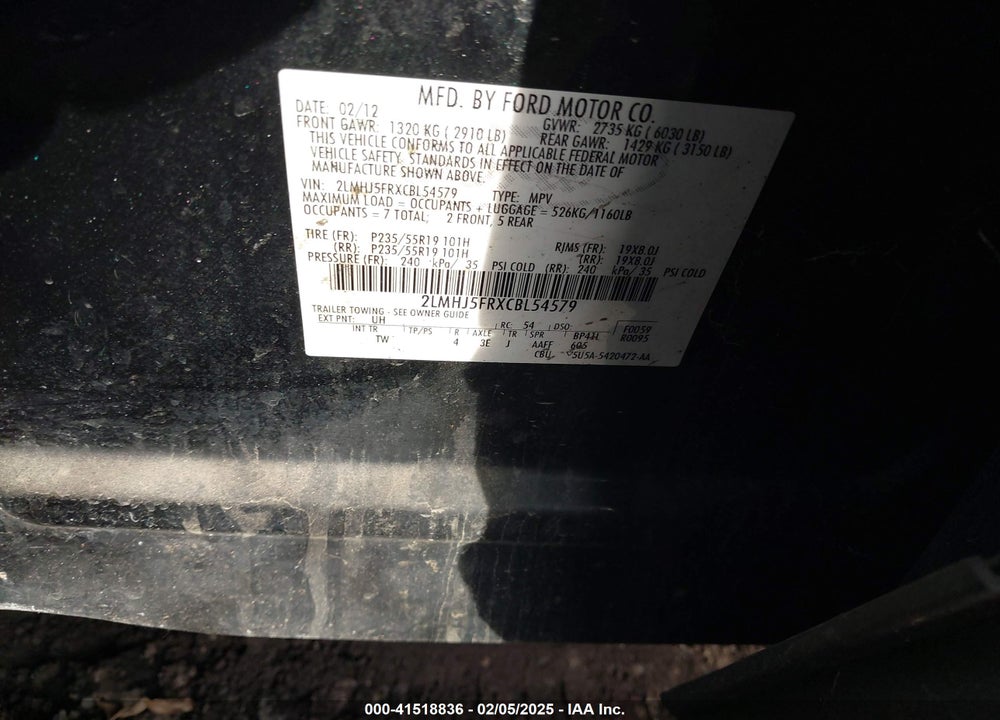 2012 LINCOLN MKT VIN: 2LMHJ5FRXCBL54579