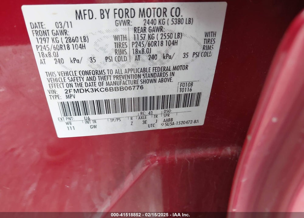 2011 FORD EDGE LIMITED VIN: 2FMDK3KC6BBB06776