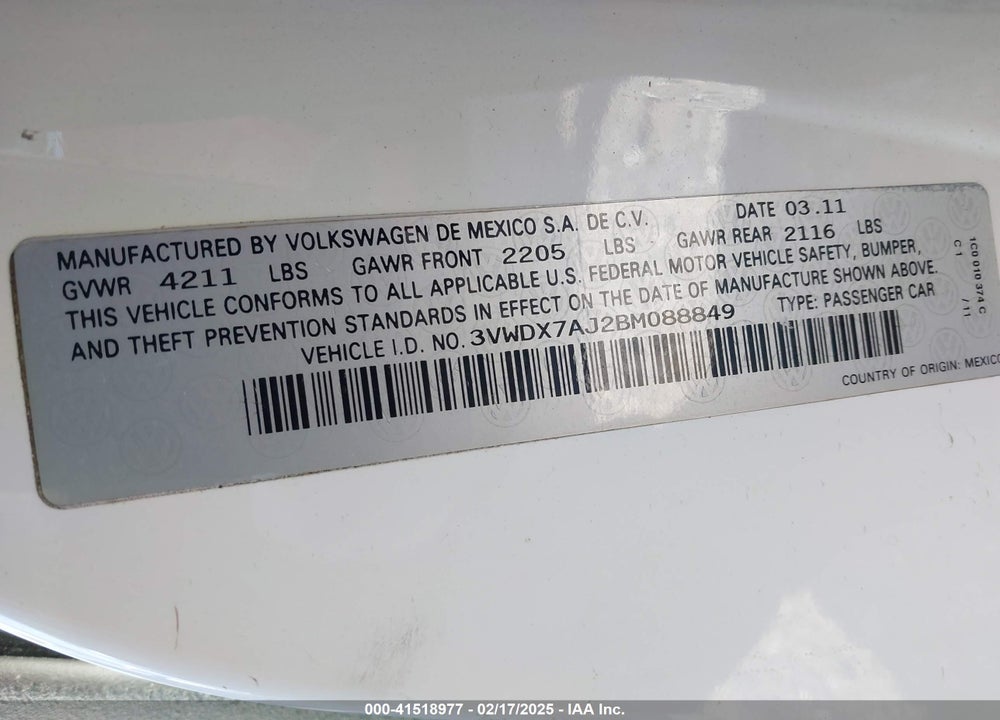 2011 VOLKSWAGEN JETTA VIN: 3VWDX7AJ2BM088849