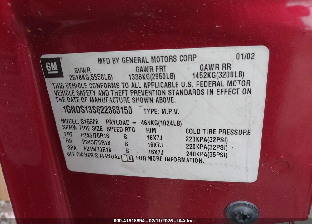 2002 CHEVROLET TRAILBLAZER LT VIN: 1GNDS13S622383150