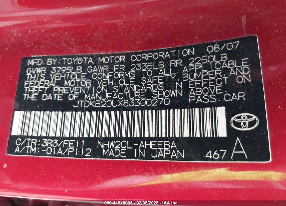 2008 TOYOTA PRIUS VIN: JTDKB20UX83300270