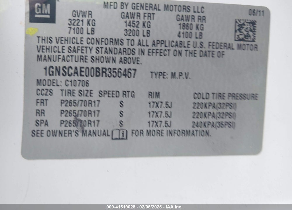 2011 CHEVROLET TAHOE LS VIN: 1GNSCAE00BR356467