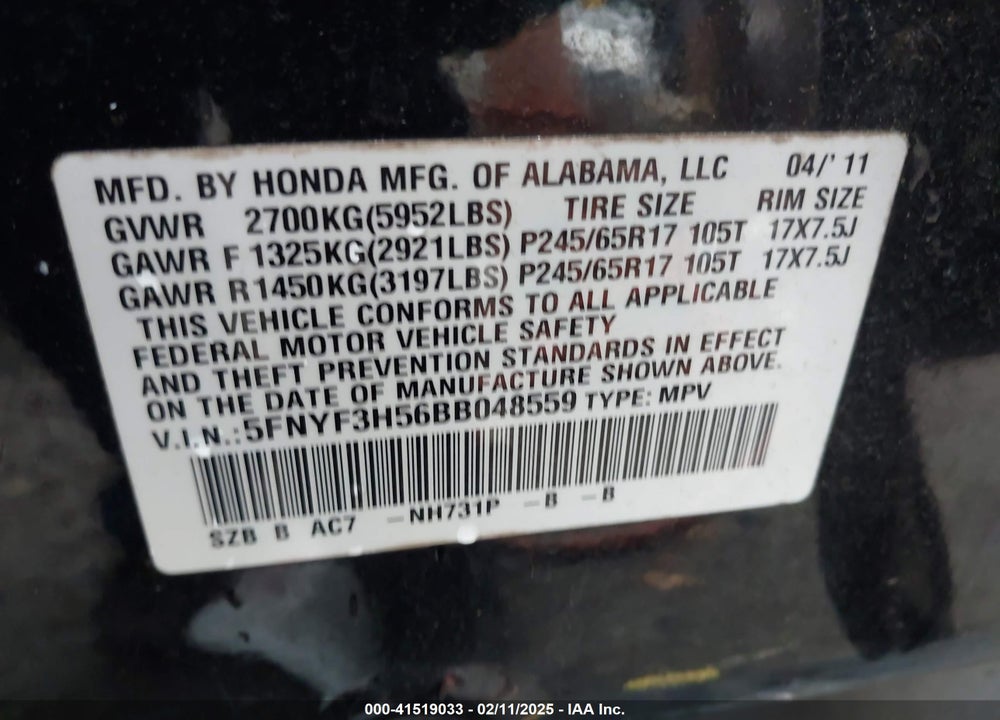 2011 HONDA PILOT VIN: 5FNYF3H56BB048559