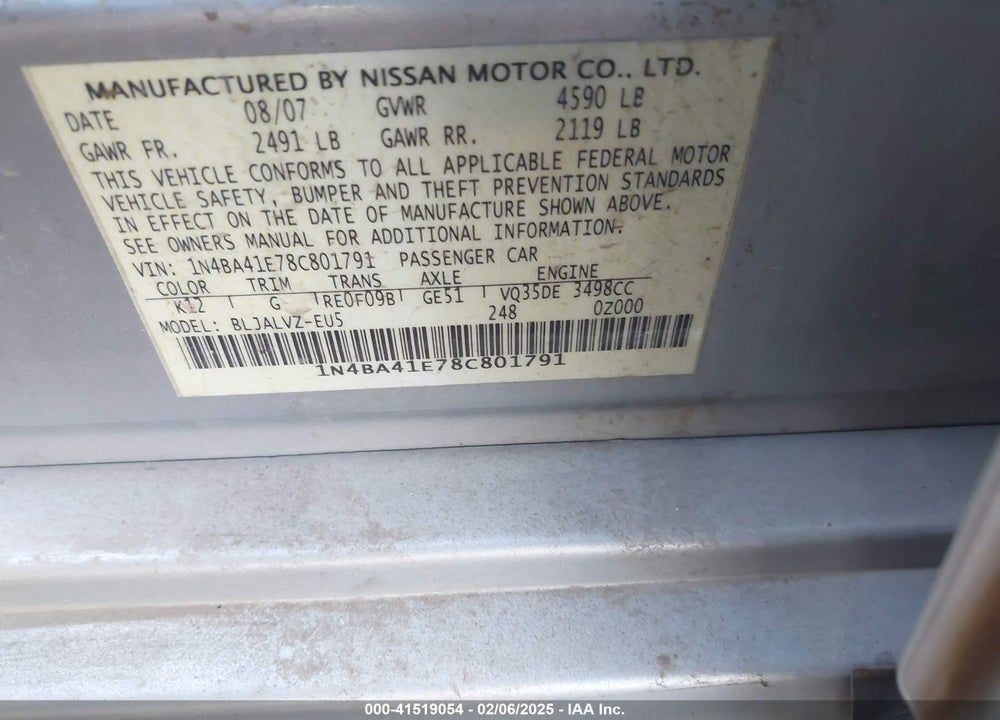 2008 NISSAN MAXIMA 3.5 SE VIN: 1N4BA41E78C801791