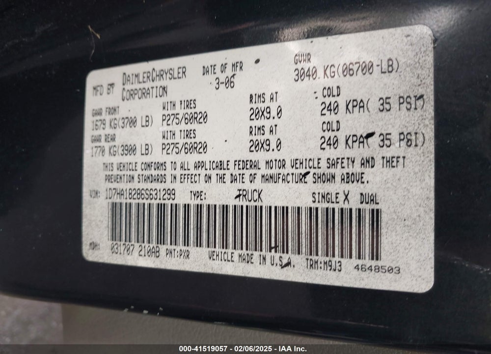 2006 DODGE RAM 1500 VIN: 1D7HA18286S631299