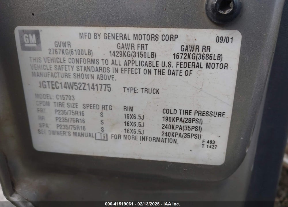 2002 GMC SIERRA 1500 SL VIN: 1GTEC14W52Z141775
