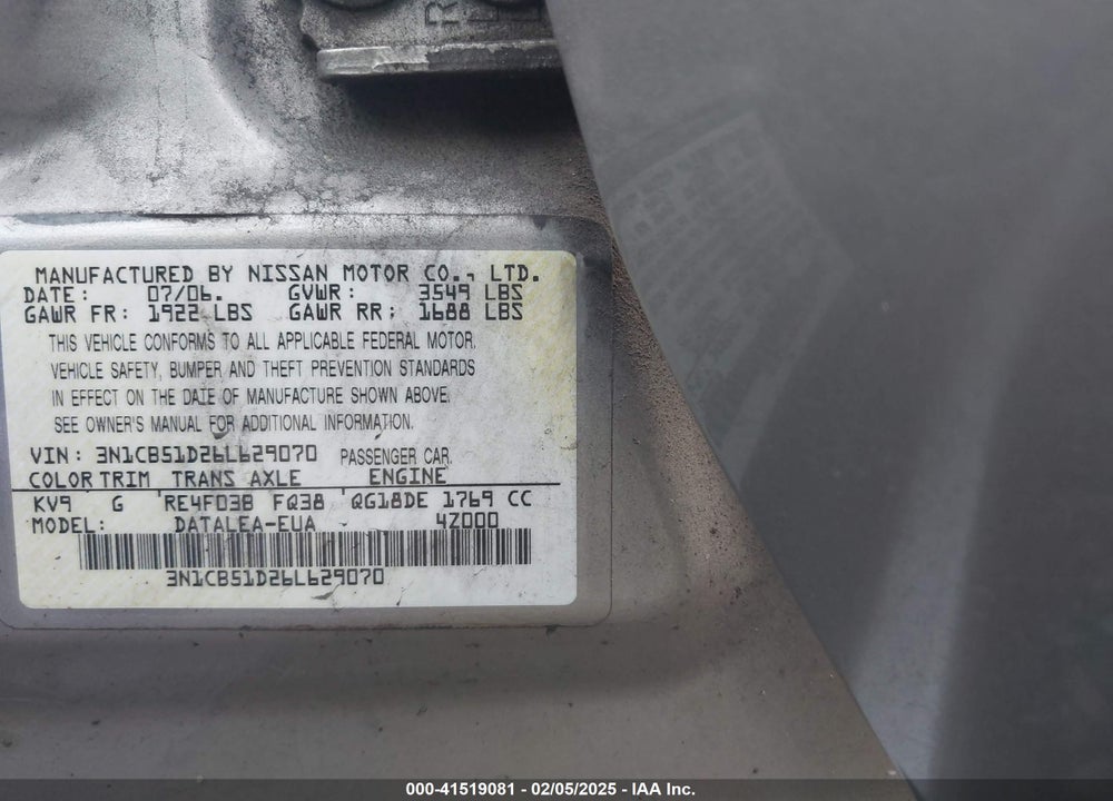 2006 NISSAN SENTRA VIN: 3N1CB51D26L629070