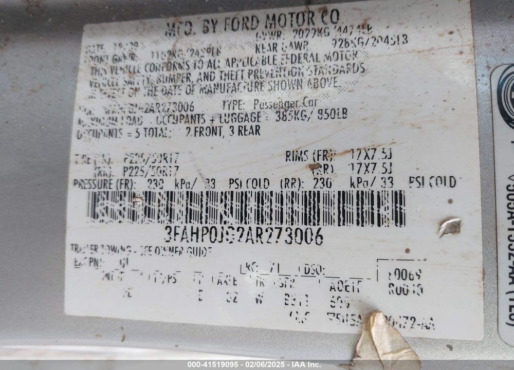 2010 FORD FUSION VIN: 3FAHP0JG2AR273006