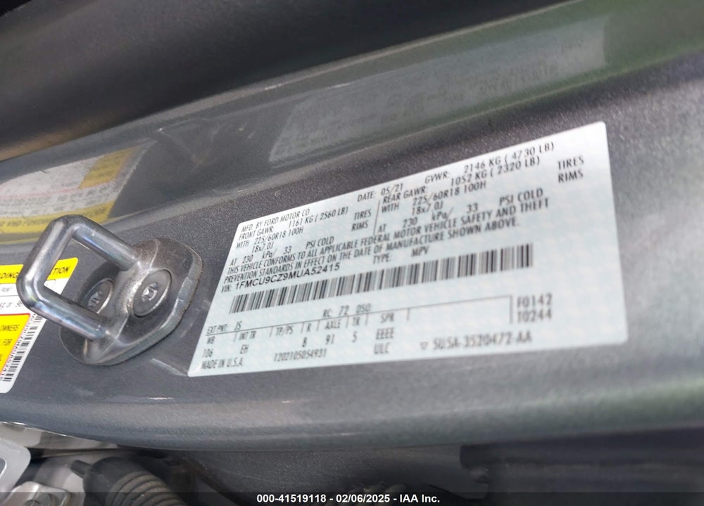 2021 FORD ESCAPE SEL HYBRID VIN: 1FMCU9CZ9MUA52415