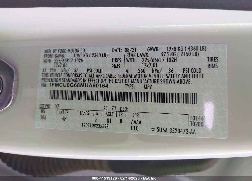 2021 FORD ESCAPE SE VIN: 1FMCU0G68MUA90164