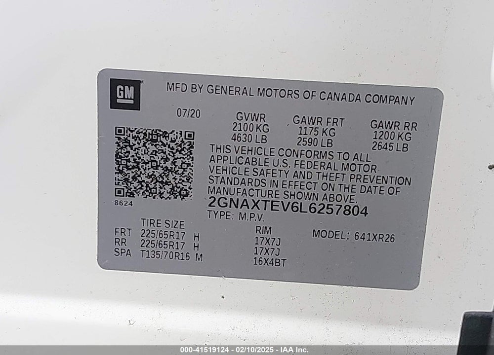 2020 CHEVROLET EQUINOX VIN: 2GNAXTEV6L6257804