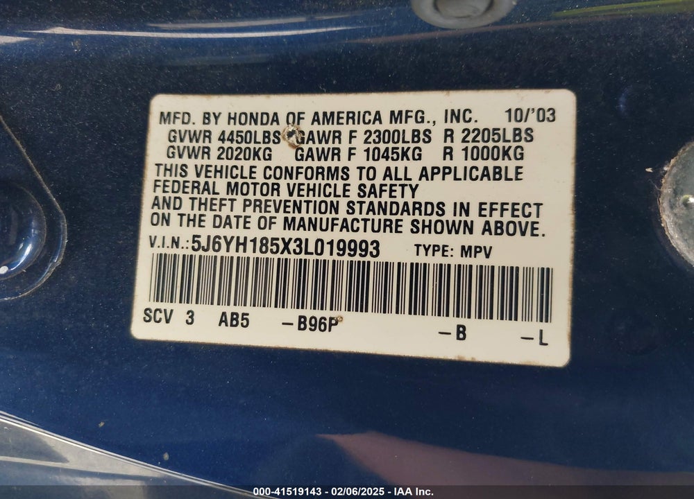 2003 HONDA ELEMENT EX VIN: 5J6YH185X3L019993
