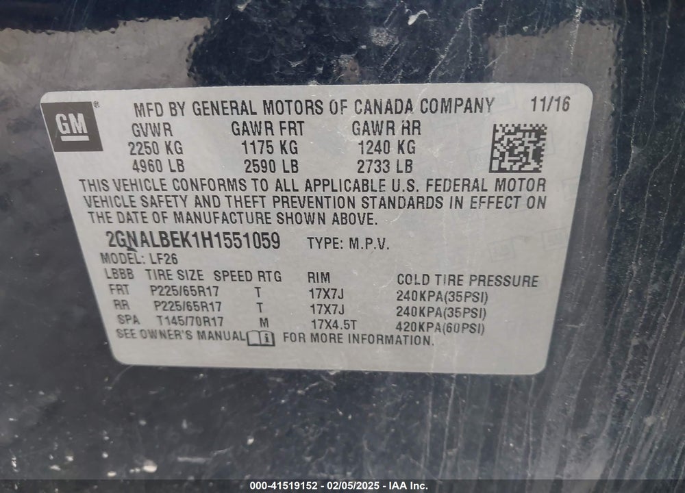 2017 CHEVROLET EQUINOX LS VIN: 2GNALBEK1H1551059