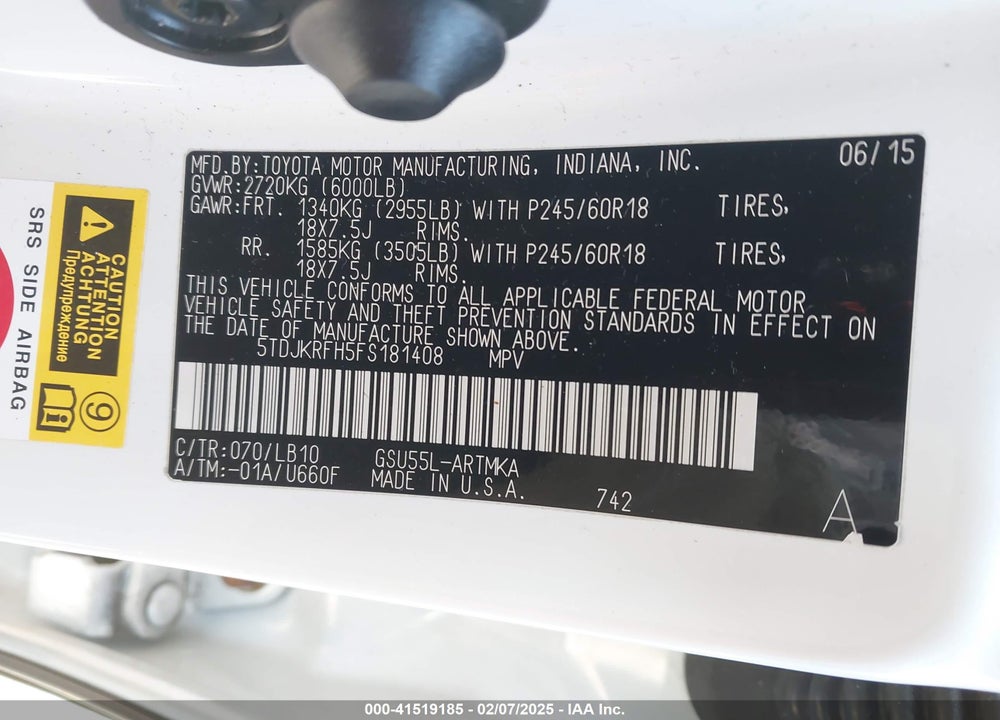 2015 TOYOTA HIGHLANDER XLE V6 VIN: 5TDJKRFH5FS181408