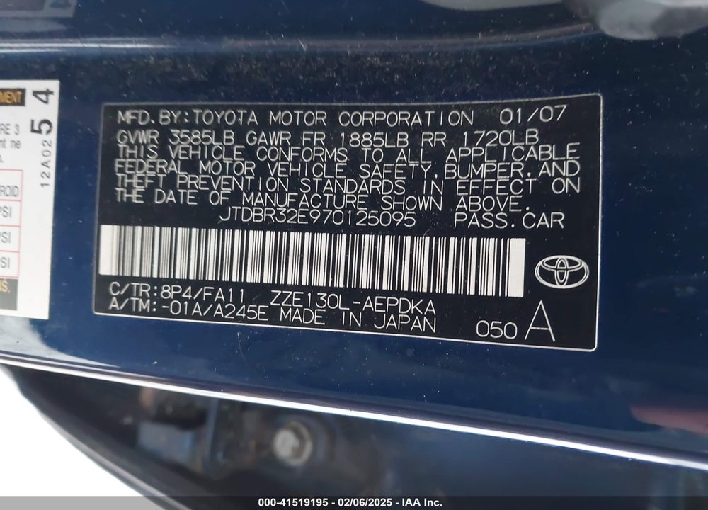 2007 TOYOTA COROLLA VIN: JTDBR32E970125095