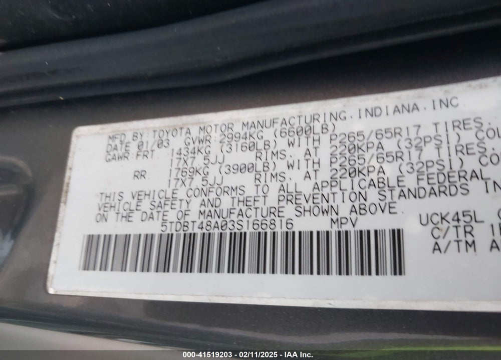 2003 TOYOTA SEQUOIA LIMITED V8 VIN: 5TDBT48A03S166816